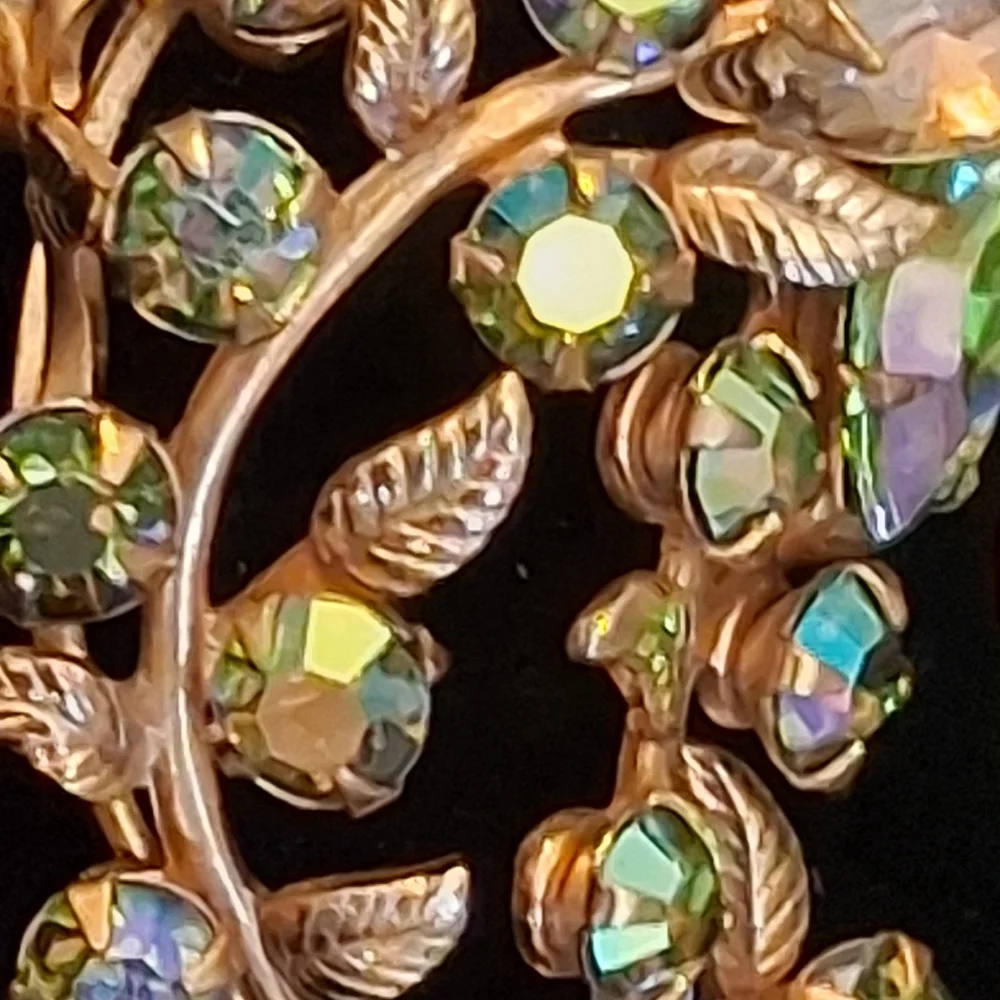 Goldtone Vines And Leaves Brooch With Green And Ab Rhinestones
